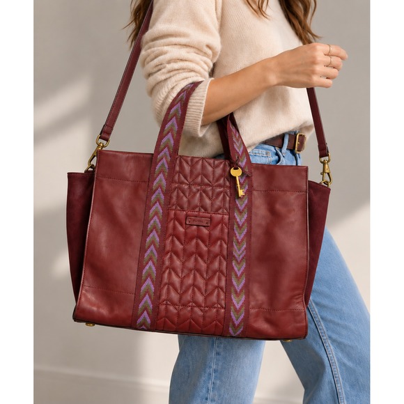 Fossil Handbags - Fossil Carmen Tote Burgundy Quilted Leather Handbag Crossbody Wine Shoulder Bag